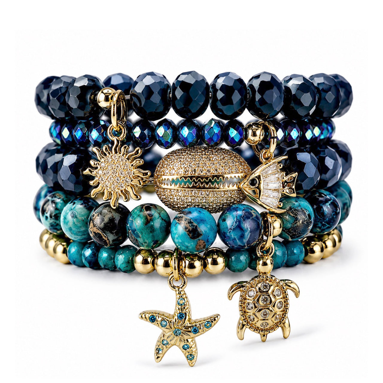 Love Lisa Azure Coast bracelet stack with navy crystal beads turquoise sea sediment stones and gold ocean charm bracelets