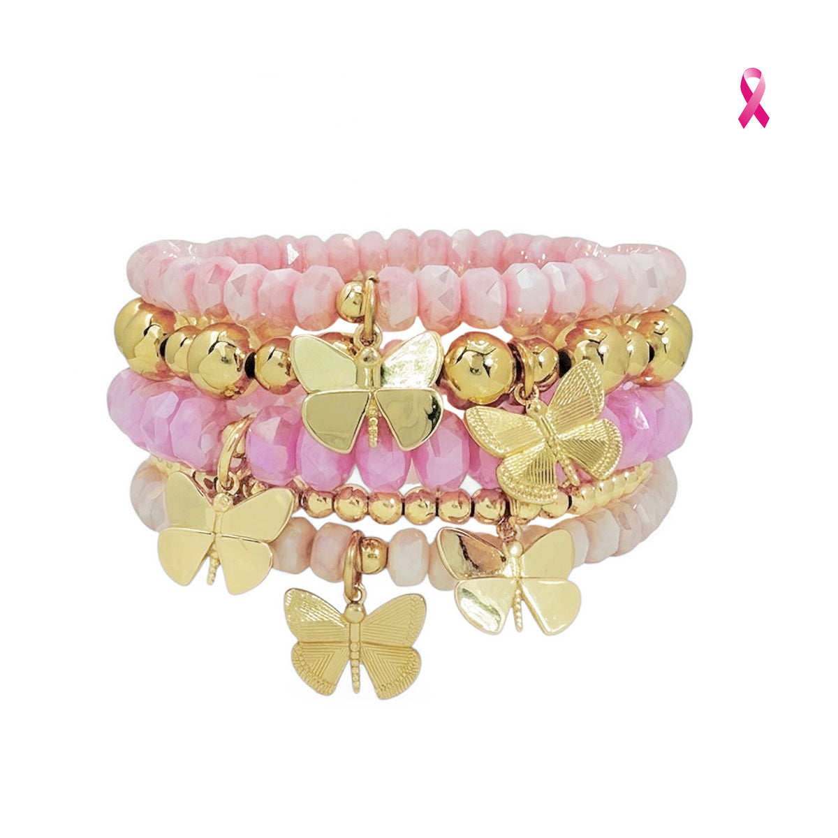 Love Lisa Bailey Breast Cancer Awareness Butterfly Bracelet Stack with five pink, white, gold, and silver bracelets featuring faceted gemstone beads, polished metal beads, and butterfly charms