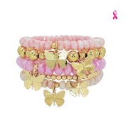 Love Lisa Bailey Breast Cancer Awareness Butterfly Bracelet Stack with five pink, white, gold, and silver bracelets featuring faceted gemstone beads, polished metal beads, and butterfly charms