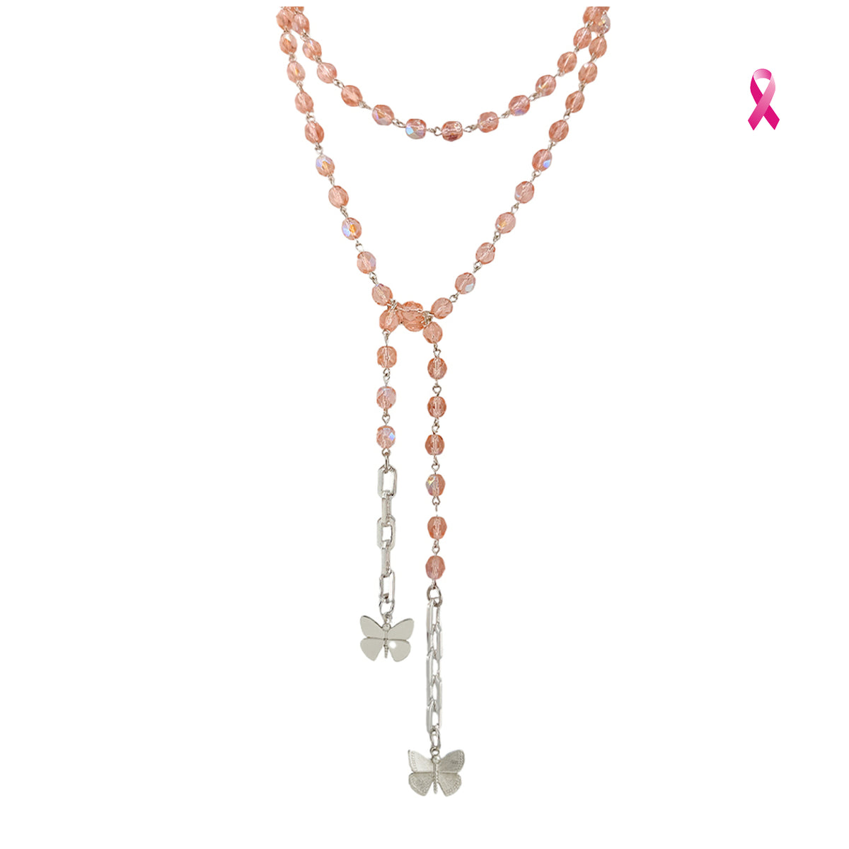 Love Lisa Bailey Breast Cancer Awareness Butterfly Lariat Necklace with blush faceted crystal beads, layered wrap design, silver-tone chain links, and two butterfly charm drops