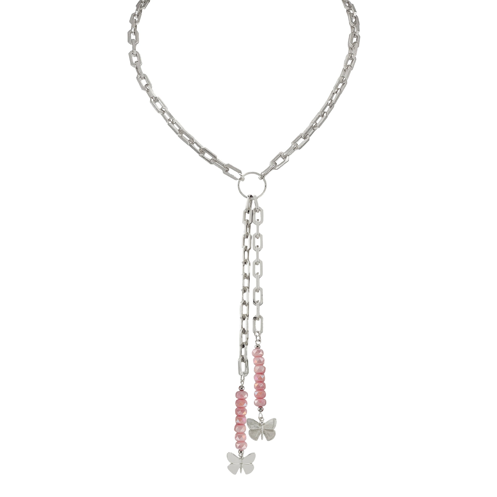 Love Lisa Bailey butterfly drop necklace blush crystal with silver paperclip chain multi strand crystal bead drops and butterfly charms
