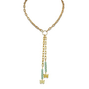 Bailey butterfly drop necklace mint glow green with gold paperclip chain long crystal bead drop strands and butterfly charms
