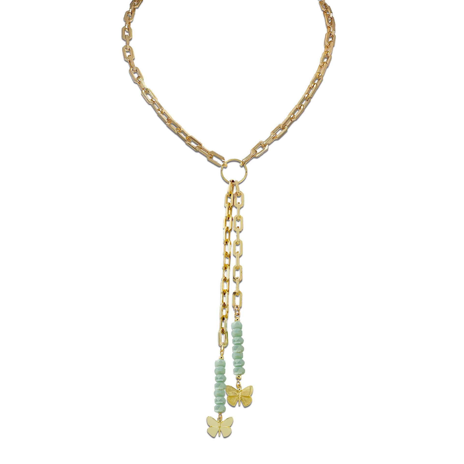 Bailey butterfly drop necklace mint glow green with gold paperclip chain long crystal bead drop strands and butterfly charms
