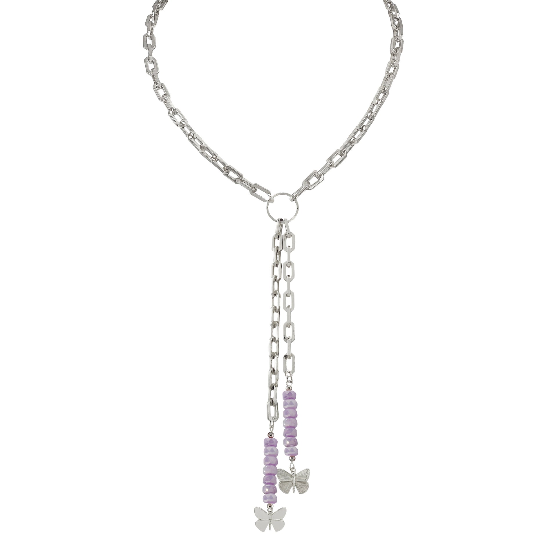 Bailey butterfly drop necklace soft lavender silver with multi strand faceted crystal bead drops and butterfly charm ends
