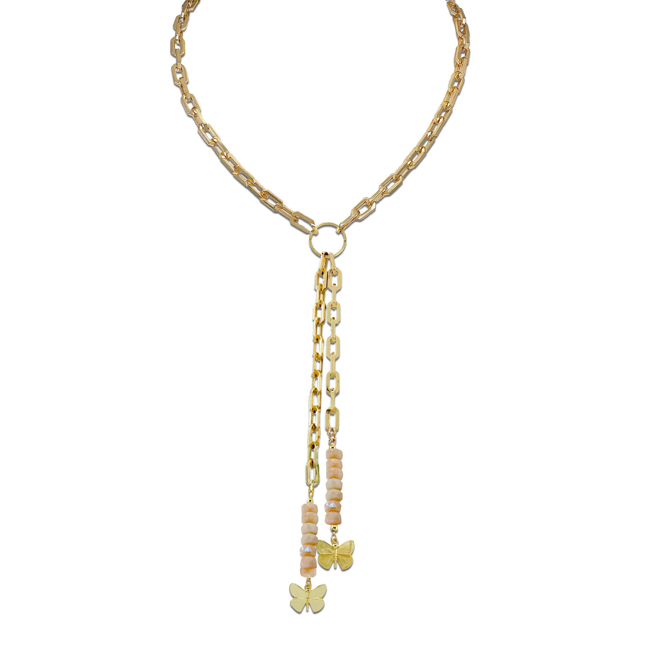 Bailey butterfly drop necklace sunset nectar with warm crystal bead strands gold chain and butterfly charm detail