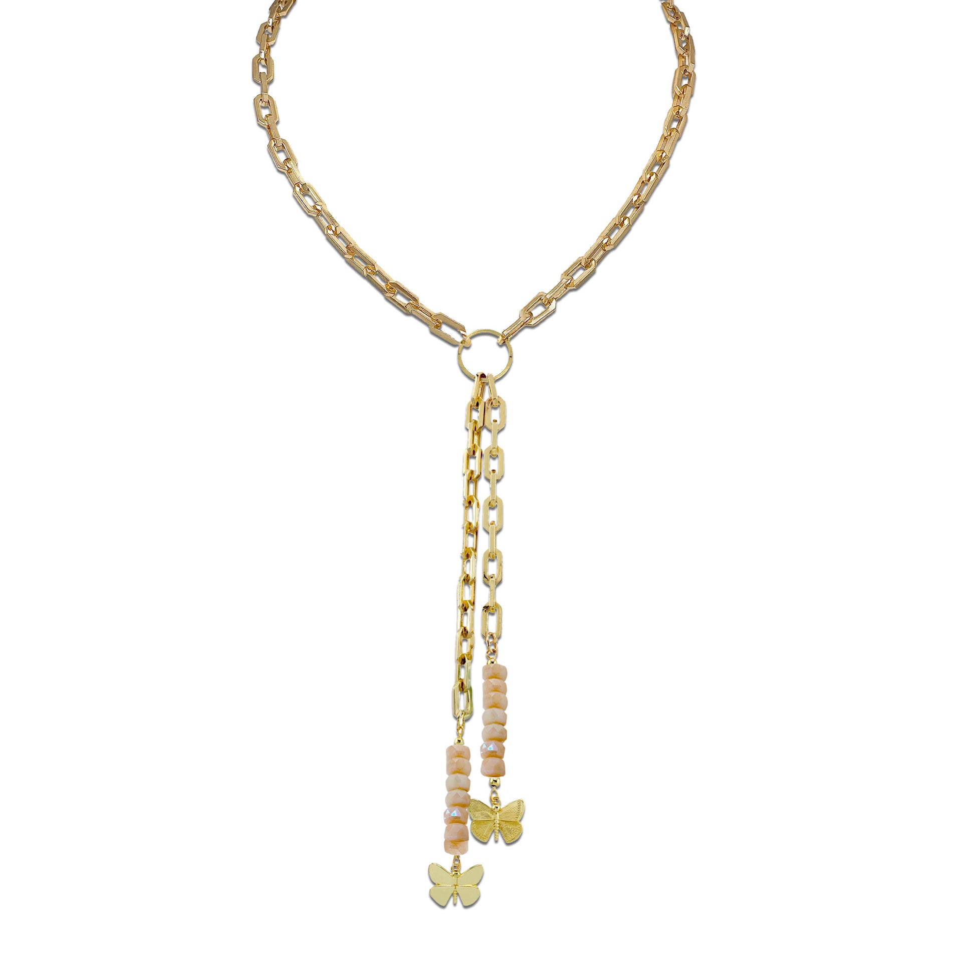 Bailey butterfly drop necklace sunset nectar with warm crystal bead strands gold chain and butterfly charm detail