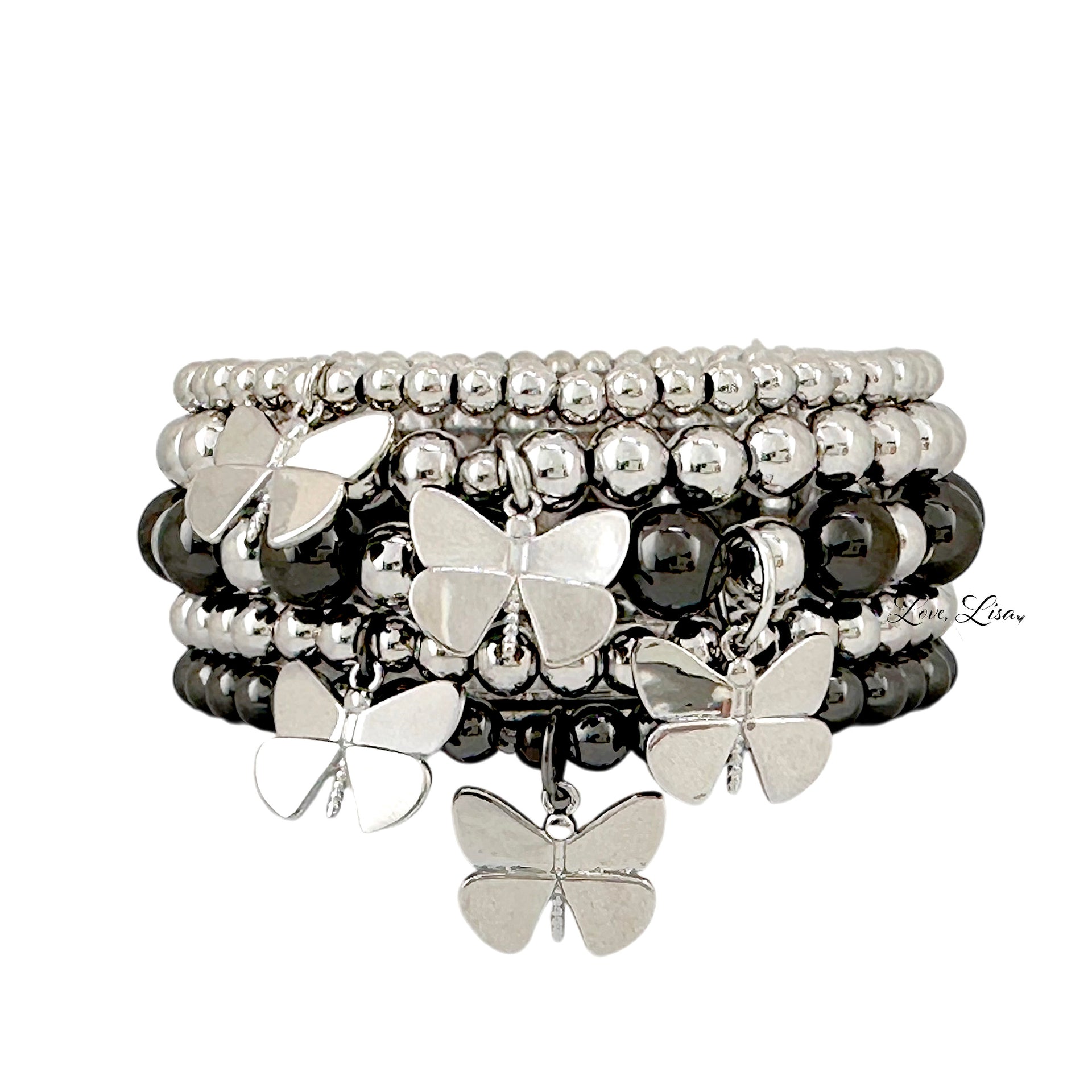 bailey butterfly stack of gunmetal beaded bracelets with butterfly charms by love lisa jewelry