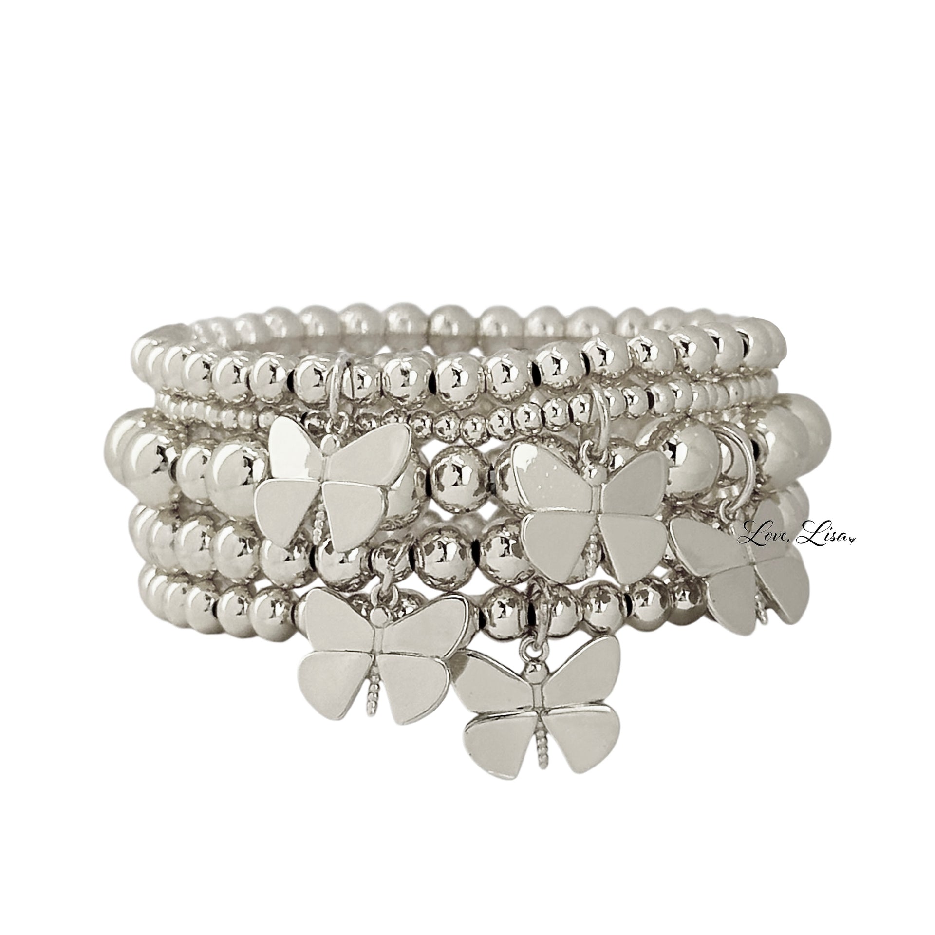 bailey butterfly stack of silver beaded bracelets with butterfly charms love lisa jewelry