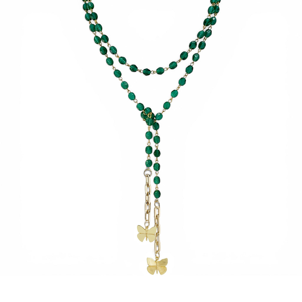 Love Lisa bailey butterfly wrap lariat necklace emerald glow faceted bead strands with butterfly charm drop