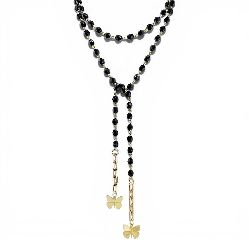 bailey butterfly wrap lariat necklace midnight black bead strands with lariat drop and butterfly detail