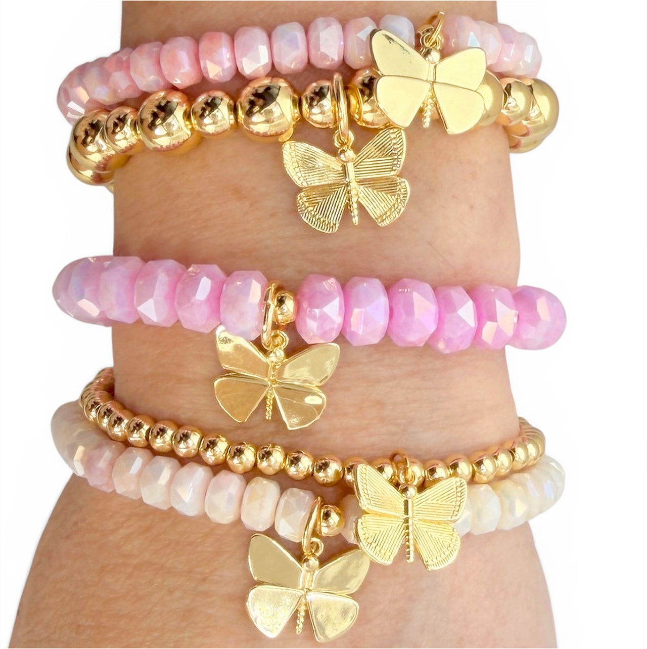 Love Lisa bailey color butterfly bracelet stack limoncello pink gemstone bracelets worn stacked with butterfly charms