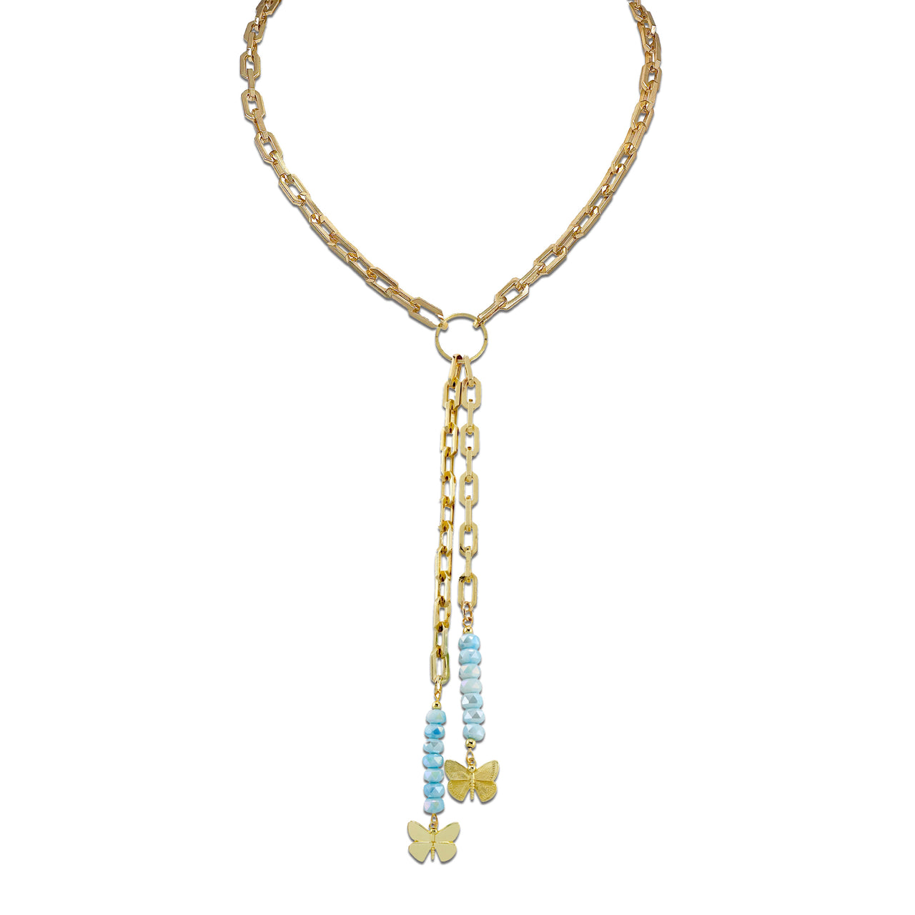 Bailey butterfly drop necklace aqua turquoise with layered bead drop strands butterfly charms and gold chain detail
