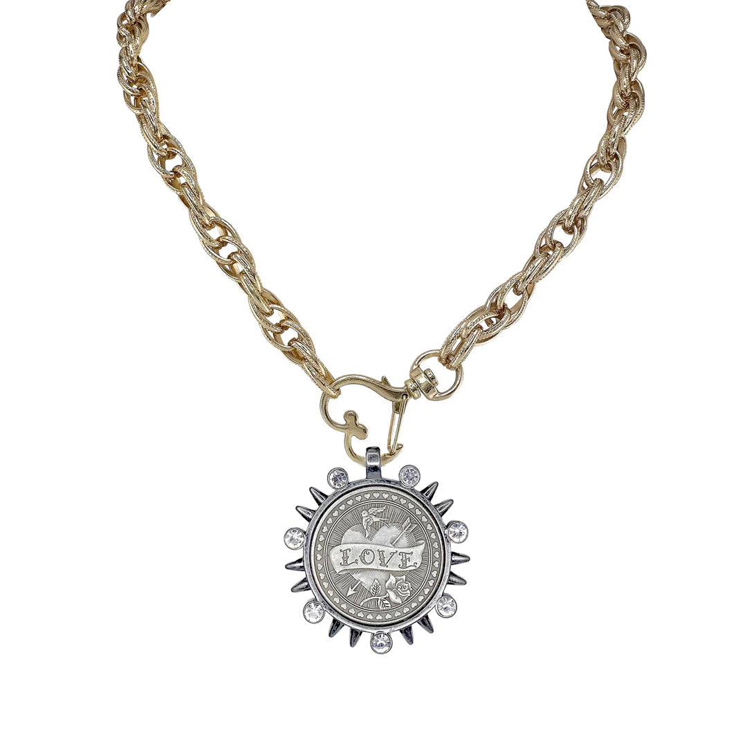 Bari Coin Necklace in gold with LOVE medallion crystal sunburst and heart clasp by Love Lisa