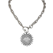 Bari Coin Necklace in silver with LOVE medallion crystal sunburst and heart clasp by Love Lisa
