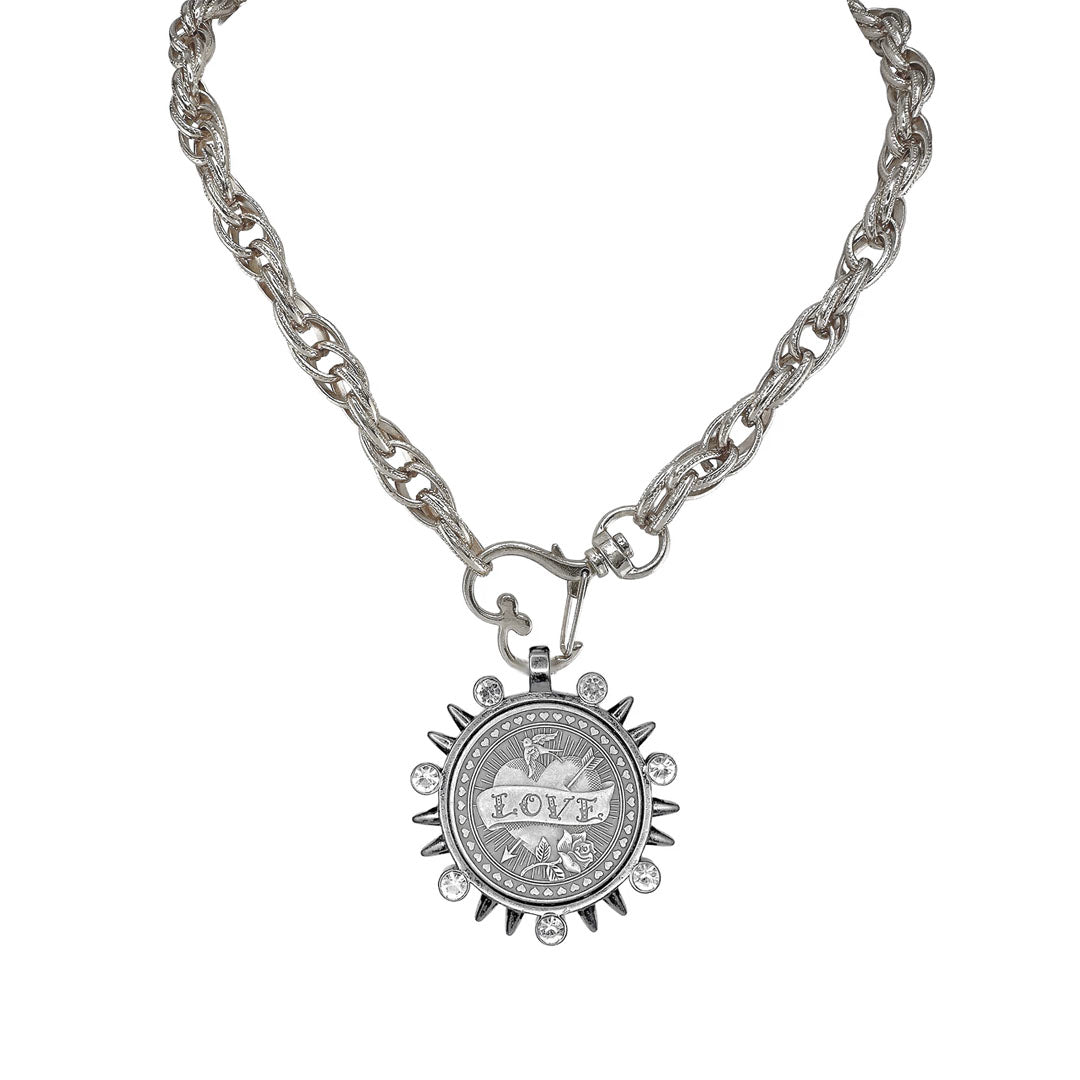 Bari Coin Necklace in silver with LOVE medallion crystal sunburst and heart clasp by Love Lisa