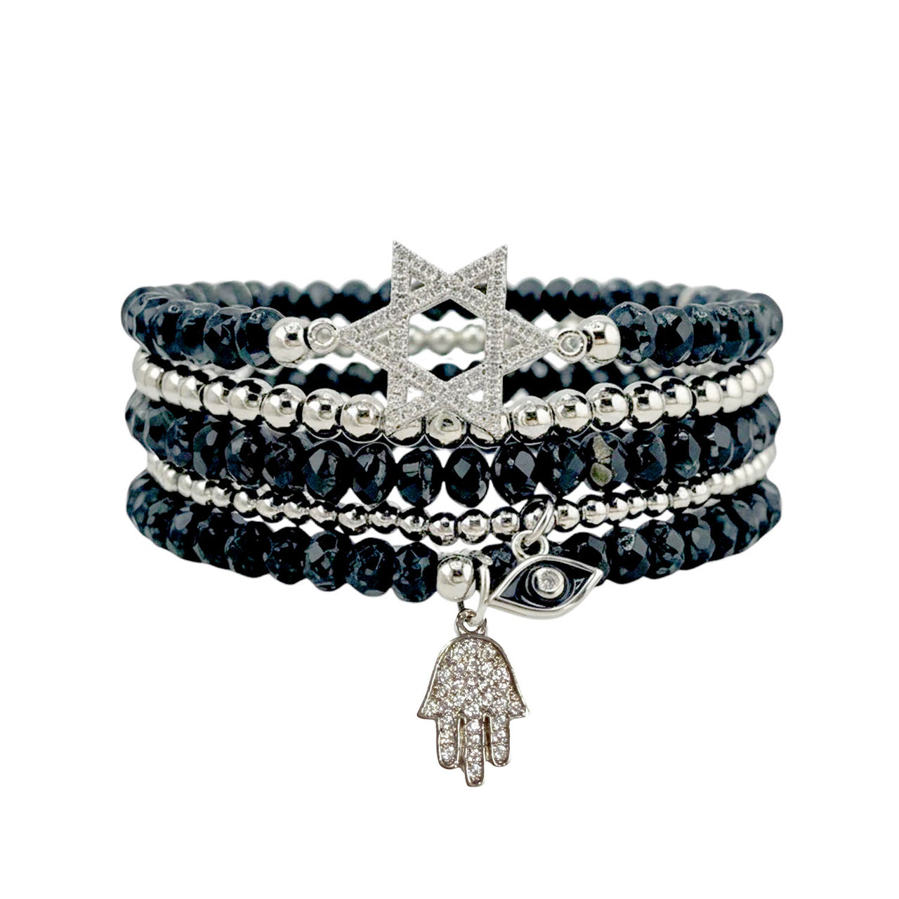 Beautiful Jewish star stack of bracelets featuring a pavé Star of David hamsa charm and evil eye accents in silver and black tones