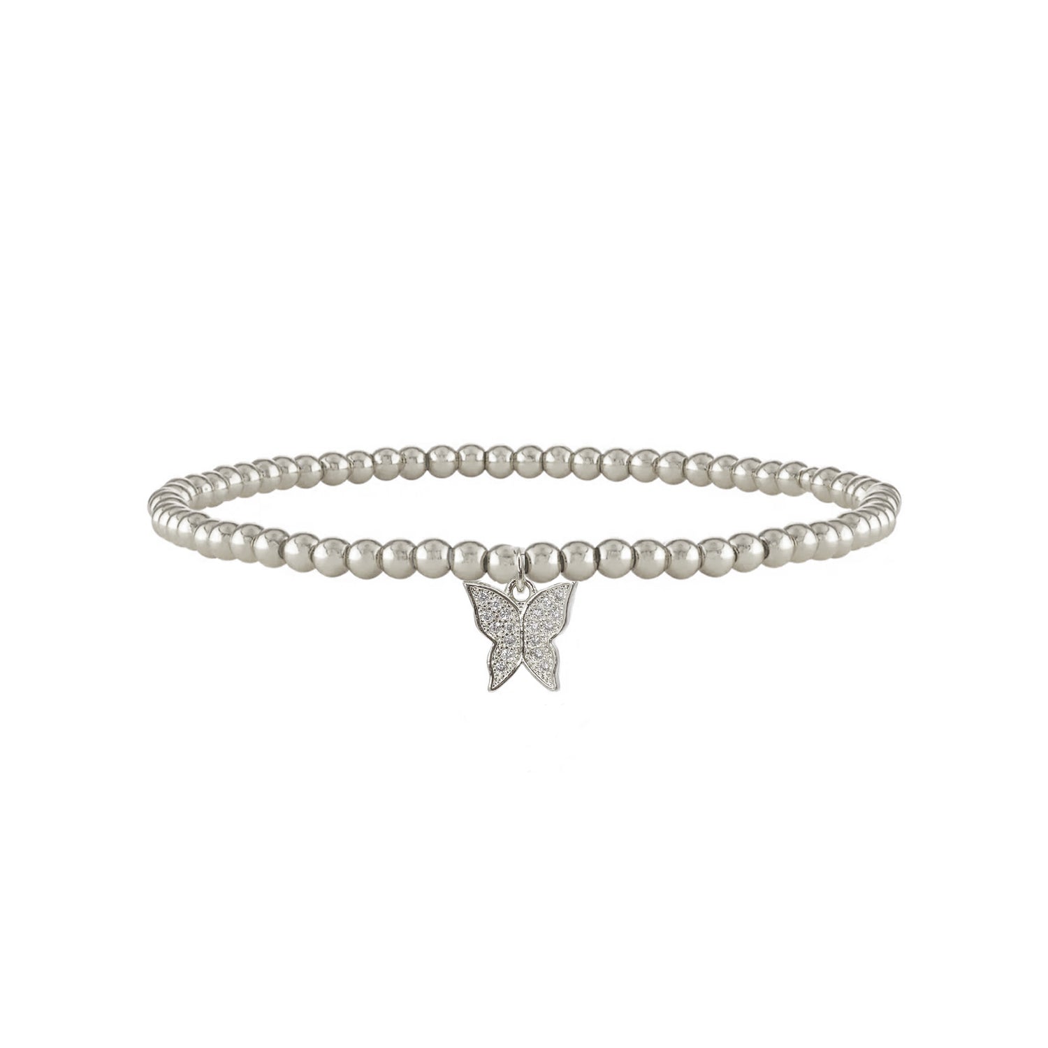 Becky silver beaded anklet with a pave butterfly