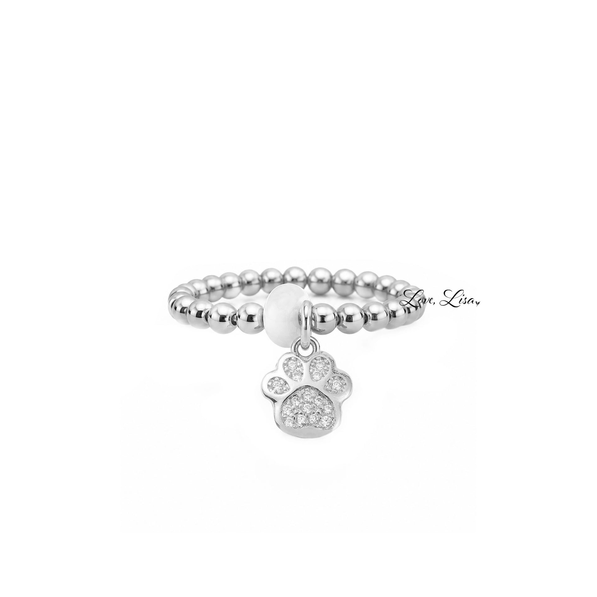 Bella Dog Paw Stretch Ring in silver with polished 3mm beads crystal accent and pavé dog paw charm