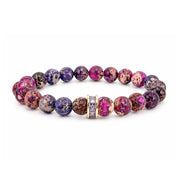 Bellissima Crystal Rondelle Gemstone Bracelet in Berry with Sea Sediment Jasper beads, gold-tone accents, and crystal centerpiece