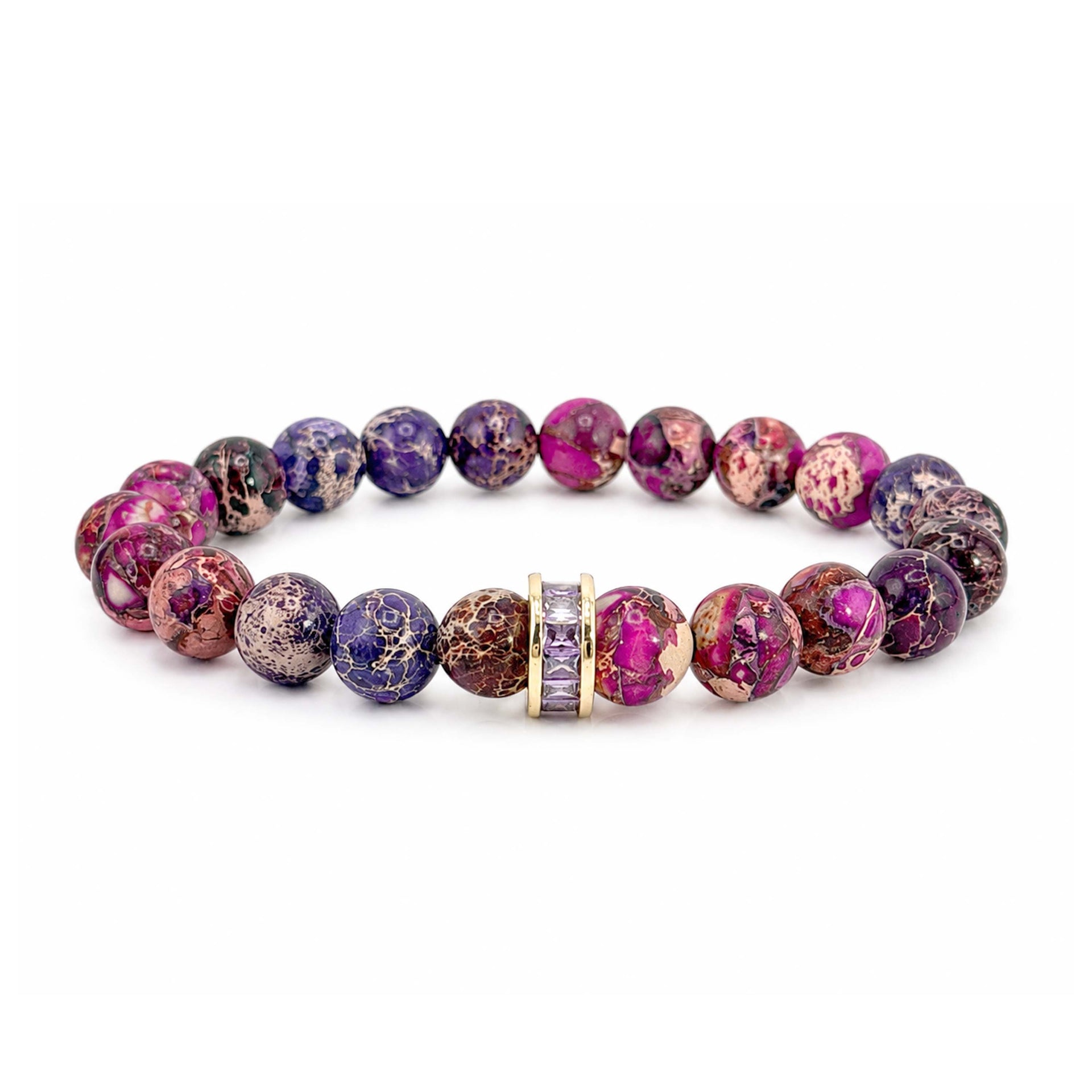 Bellissima Crystal Rondelle Gemstone Bracelet in Berry with Sea Sediment Jasper beads, gold-tone accents, and crystal centerpiece