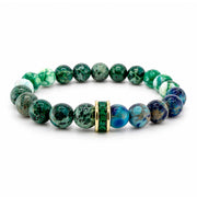 Bellissima Crystal Rondelle Gemstone Bracelet in Green with Sea Sediment Jasper beads, gold-tone accents, and crystal centerpiece