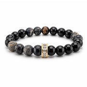 Bellissima Crystal Rondelle Gemstone Bracelet in Grey with Sea Sediment Jasper beads, gold-tone accents, and crystal centerpiece