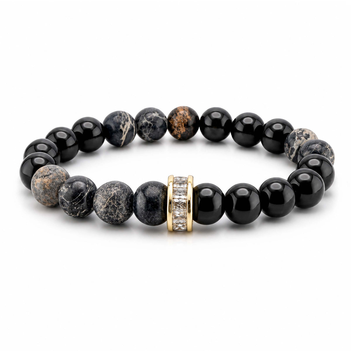 Bellissima Crystal Rondelle Gemstone Bracelet in Grey with Sea Sediment Jasper beads, gold-tone accents, and crystal centerpiece