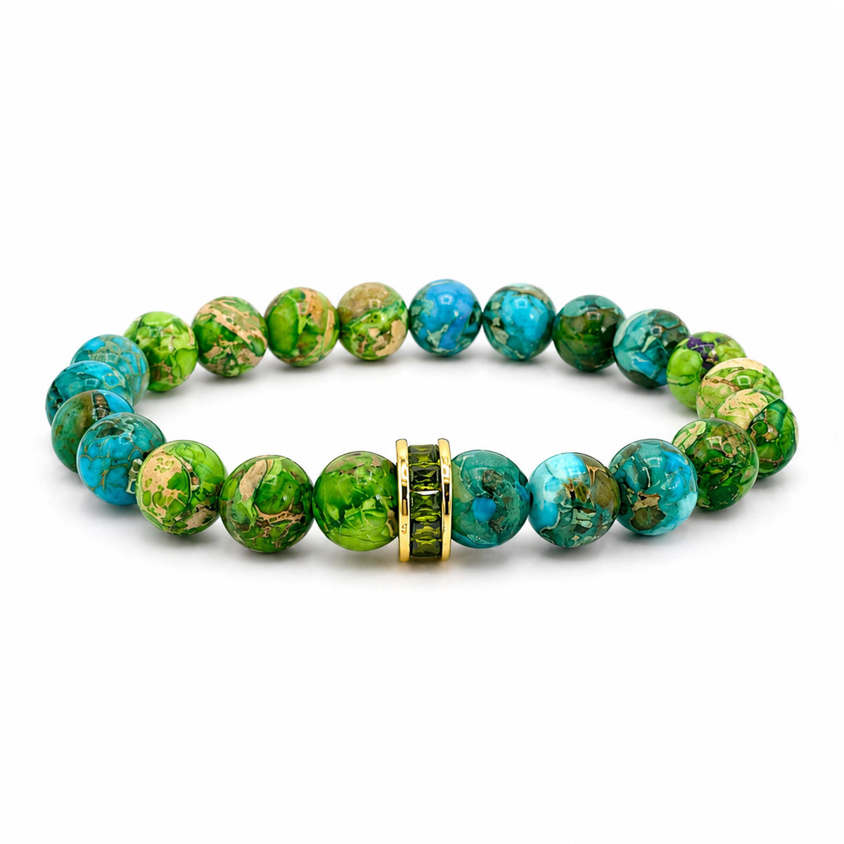 Bellissima Crystal Rondelle Gemstone Bracelet in Olive with Sea Sediment Jasper beads, gold-tone accents, and crystal centerpiece