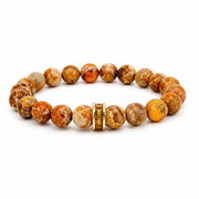 Bellissima Crystal Rondelle Gemstone Bracelet in Orange with Sea Sediment Jasper beads, gold-tone accents, and crystal centerpiece