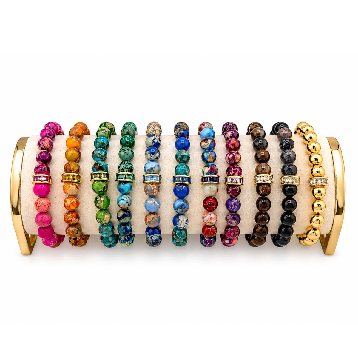 Love Lisa Bellissima Crystal Rondelle Gemstone Bracelets displayed in multiple colors with Sea Sediment Jasper beads and crystal centerpieces