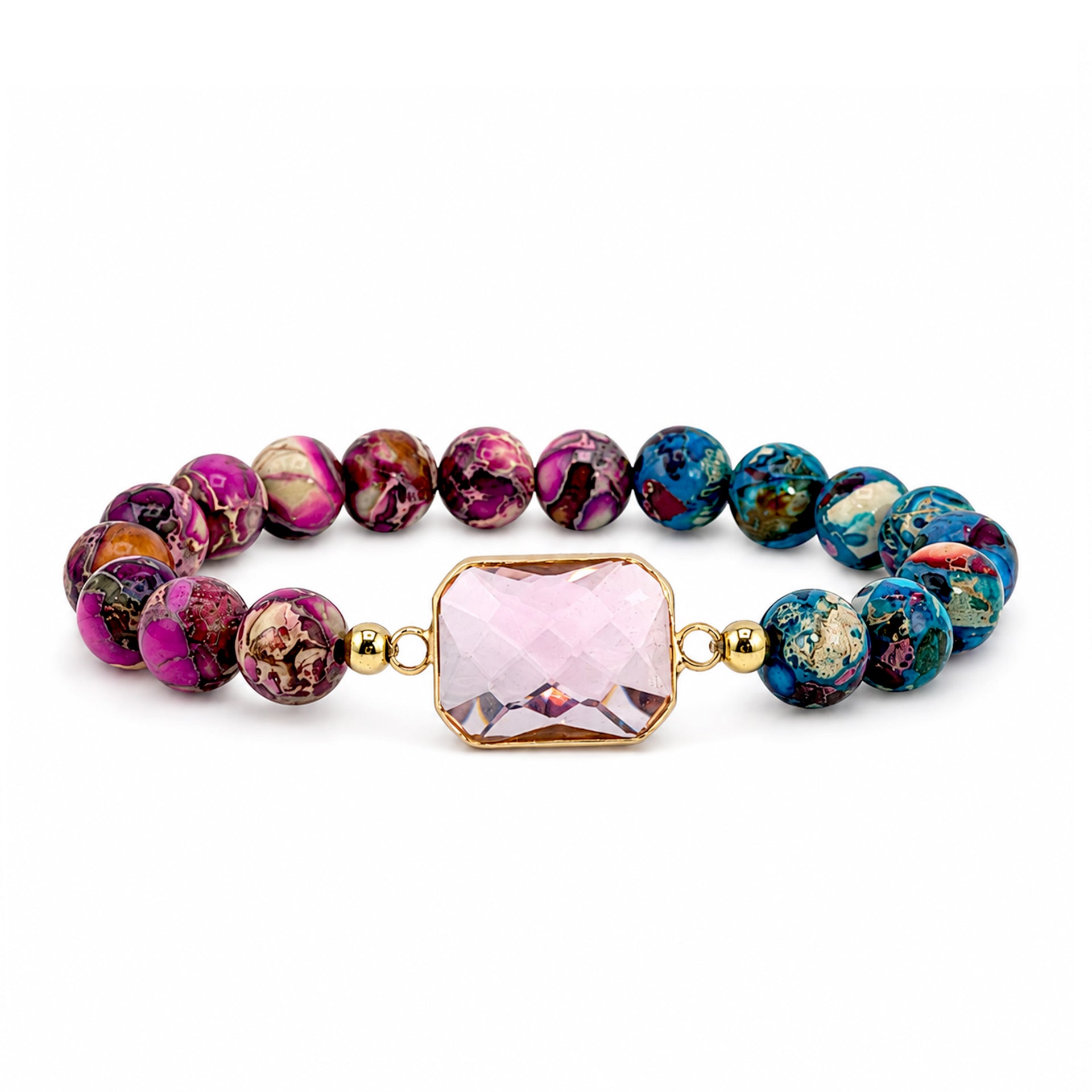 Bellissima Emerald Cut Crystal Gemstone Bracelet in Pink with multicolor gemstone beads, gold-tone accents, and pale pink crystal centerpiece