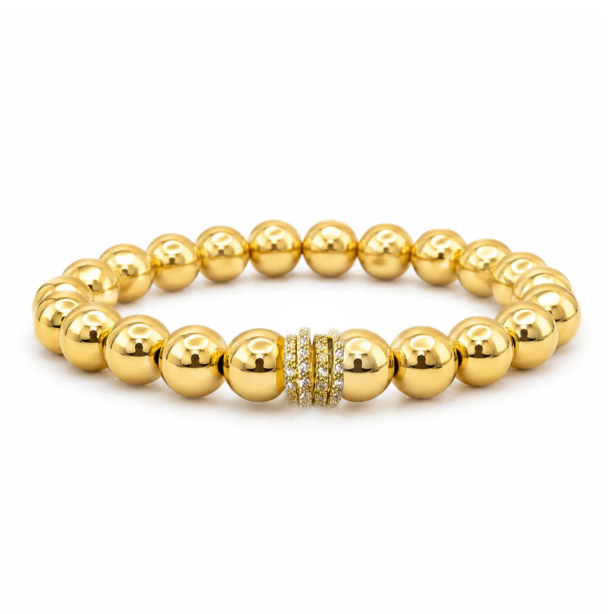 Bellissima Luxe Bracelet with polished gold-tone beads and a fully crystal-encrusted pavé rondelle centerpiece
