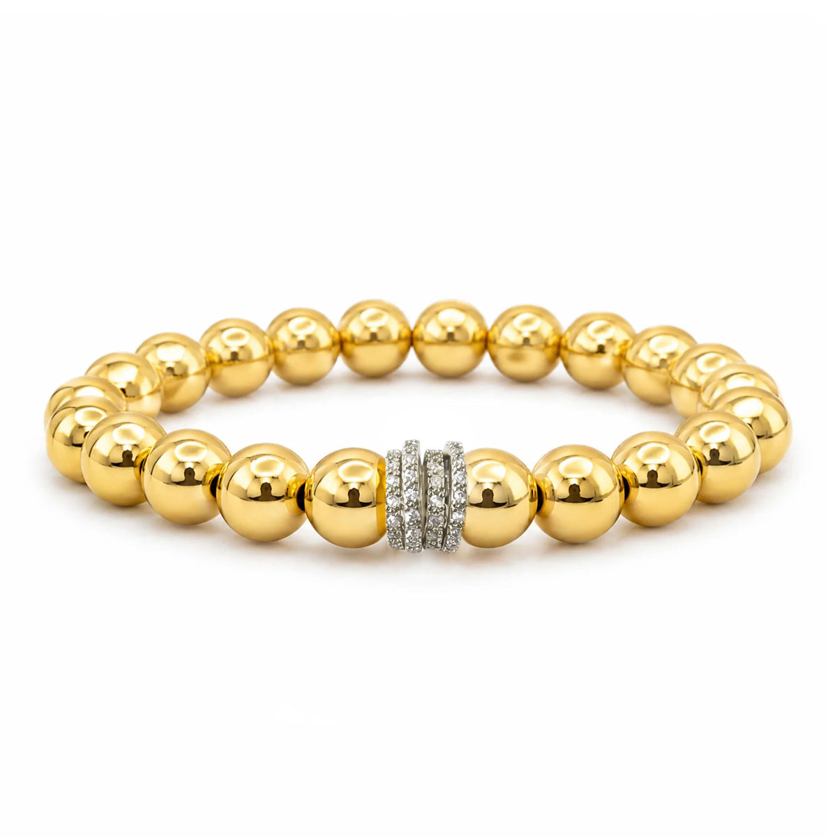 Bellissima Luxe Bracelet with polished gold-tone beads and a fully crystal-encrusted silver pavé rondelle centerpiece