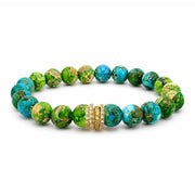 Bellissima Luxe Bracelet with olive green  and turquoise Sea Sediment Jasper beads and a crystal-encrusted pavé rondelle centerpiece