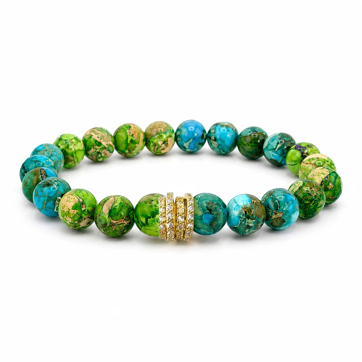 Bellissima Luxe Bracelet with olive green  and turquoise Sea Sediment Jasper beads and a crystal-encrusted pavé rondelle centerpiece