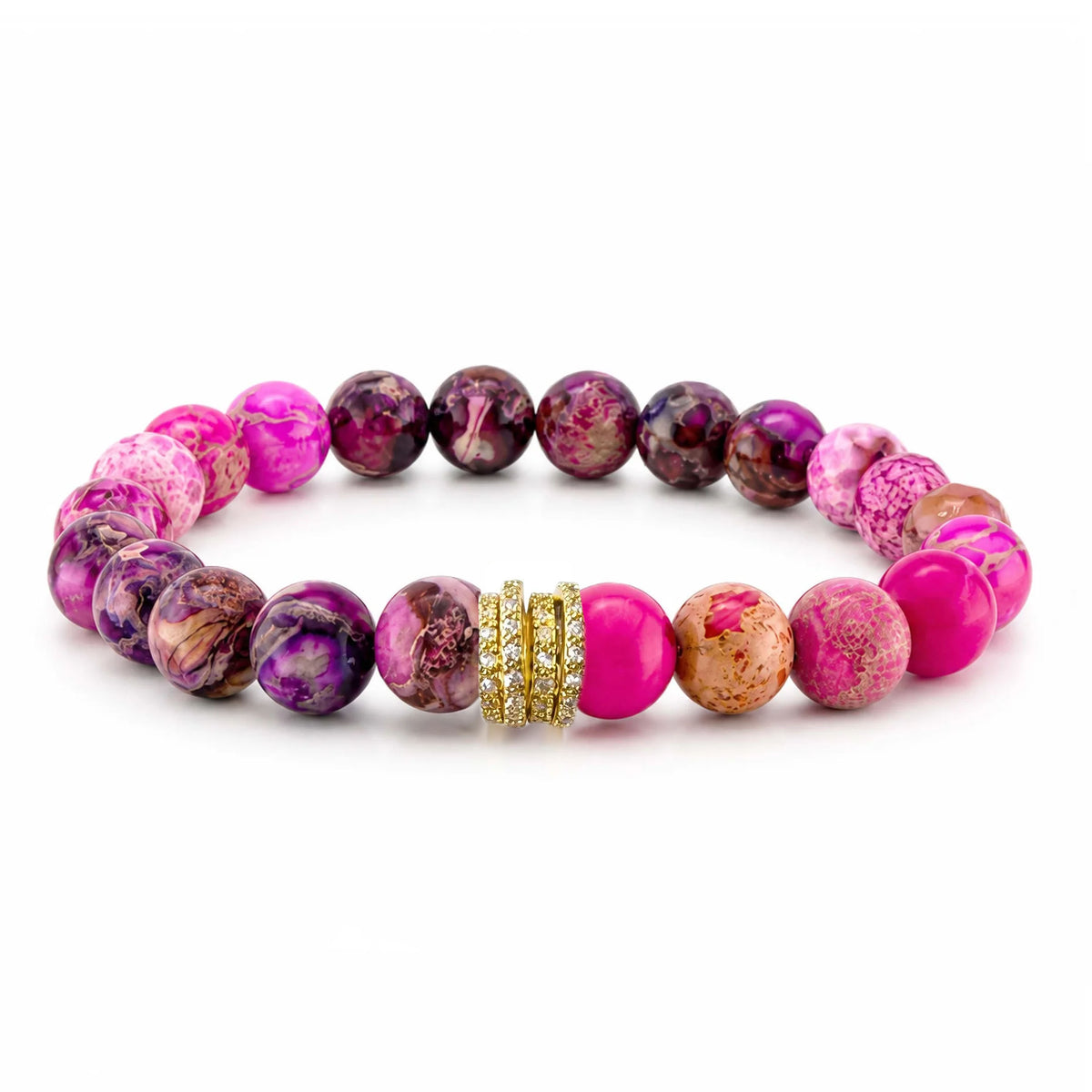 Love Lisa Bellissima Luxe Bracelet with pink, berry, and plum Sea Sediment Jasper beads and a gold-tone pavé crystal rondelle fully encrusted with sparkling crystals