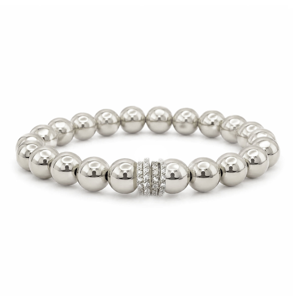 Bellissima Luxe Bracelet with polished silver-tone beads and a fully crystal-encrusted pavé rondelle centerpiece