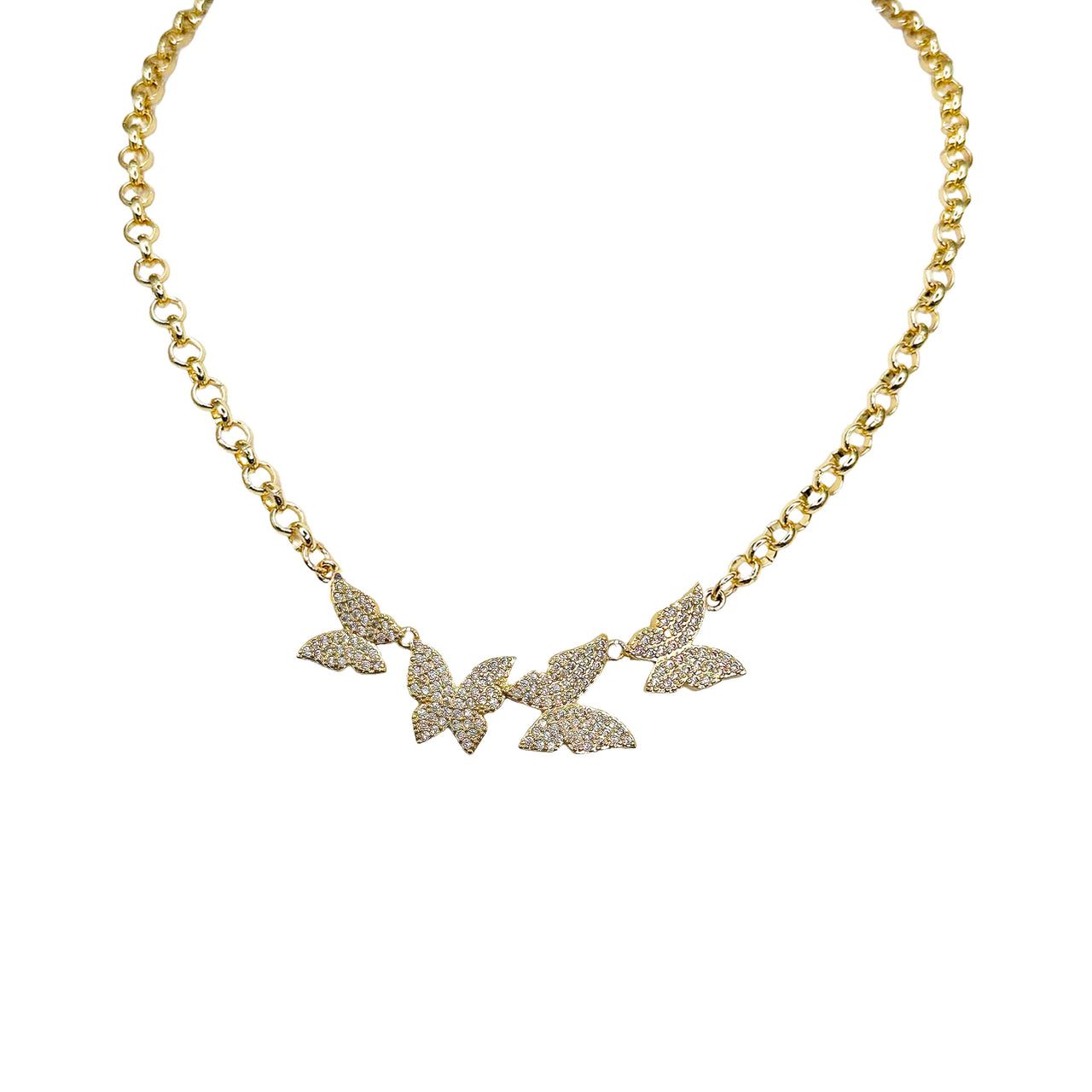 
The Betty Butterfly Necklace in gold with crystal butterfly charms on a luxe chain