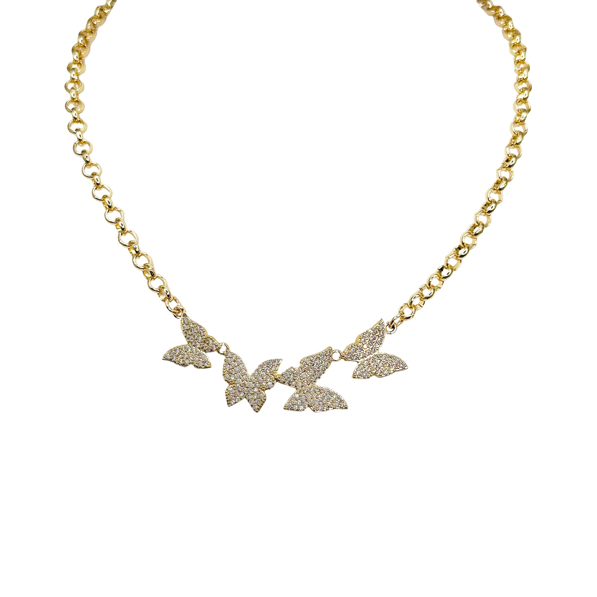 
The Betty Butterfly Necklace in gold with crystal butterfly charms on a luxe chain