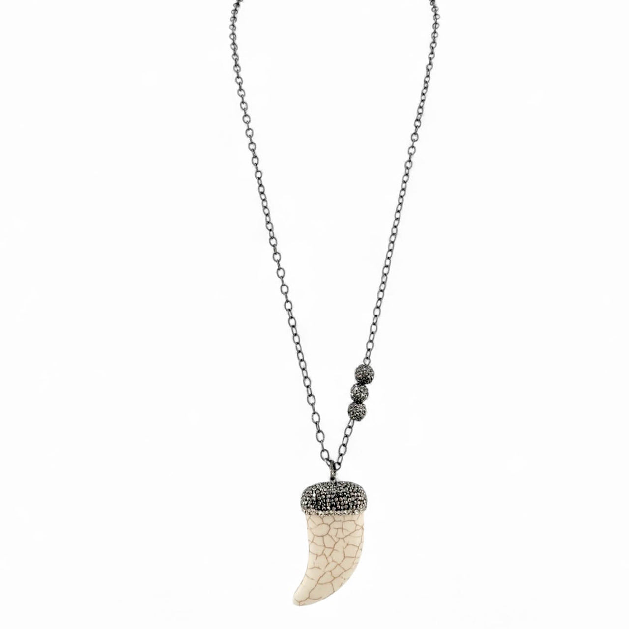 bianca howlite horn pendant necklace with white stone horn and crystal pave cap on gunmetal chain by Love Lisa