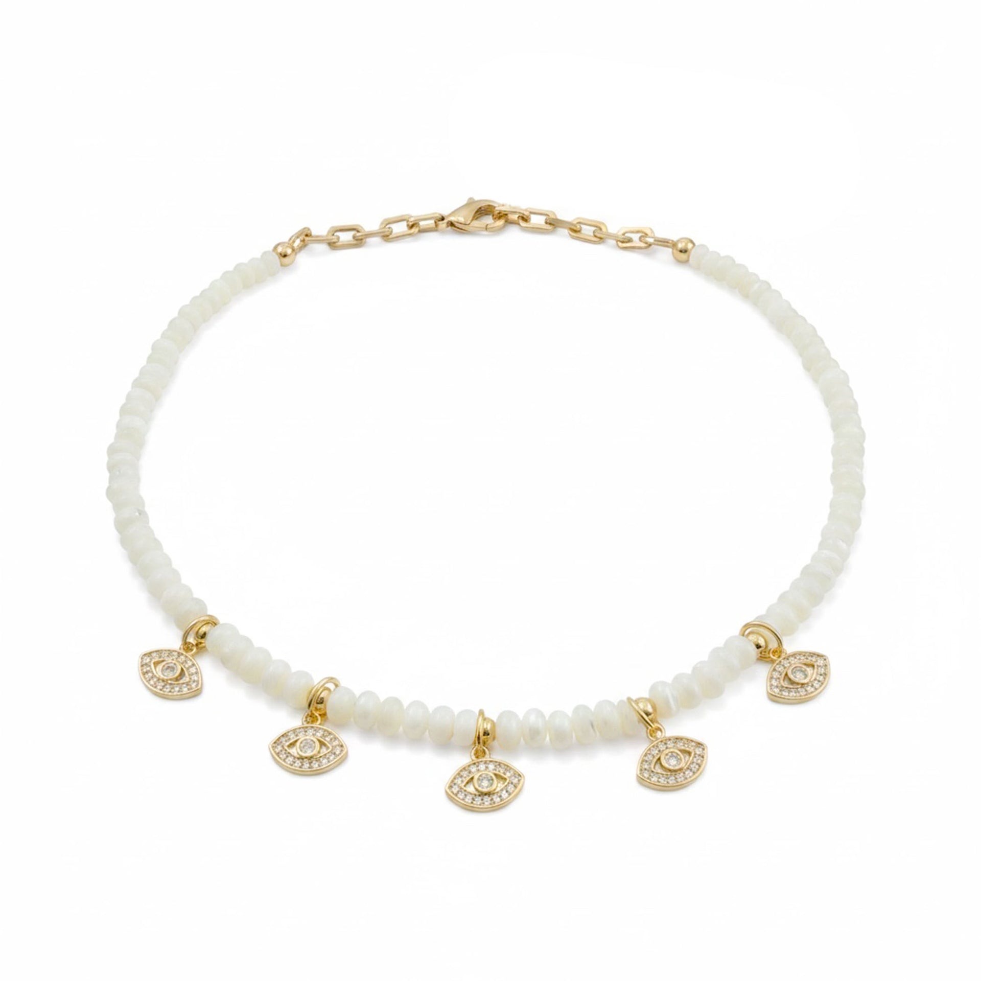 Bianca Mother of Pearl Evil Eye Necklace flat lay showing five pavé evil eye charms and mother of pearl beads