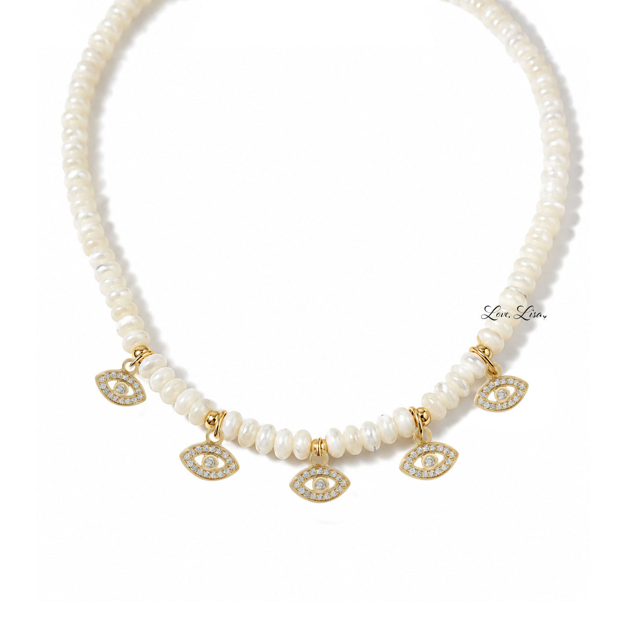 Love Lisa Bianca Mother of Pearl Evil Eye Necklace in gold with white rondelle beads and five pavé evil eye charms