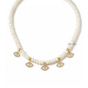 Love Lisa Bianca Mother of Pearl Evil Eye Necklace in gold with white rondelle beads and five pavé evil eye charms