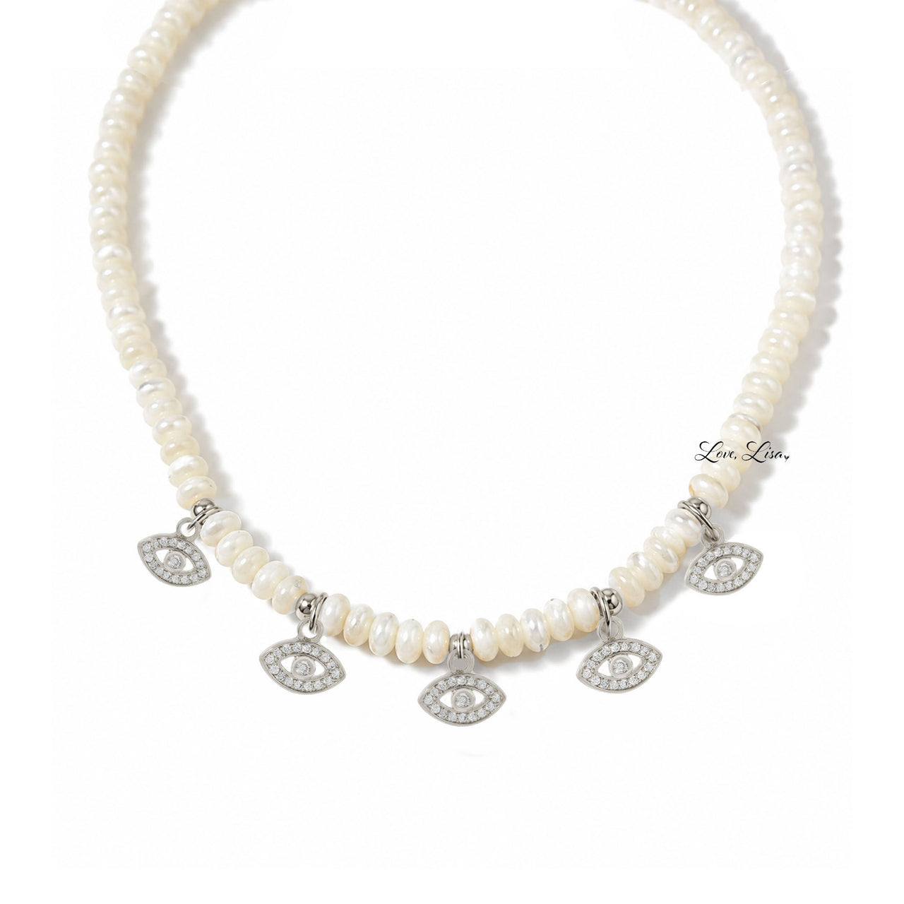 Bianca Mother of Pearl Evil Eye Necklace in silver with genuine mother of pearl beads and pavé evil eye charms
