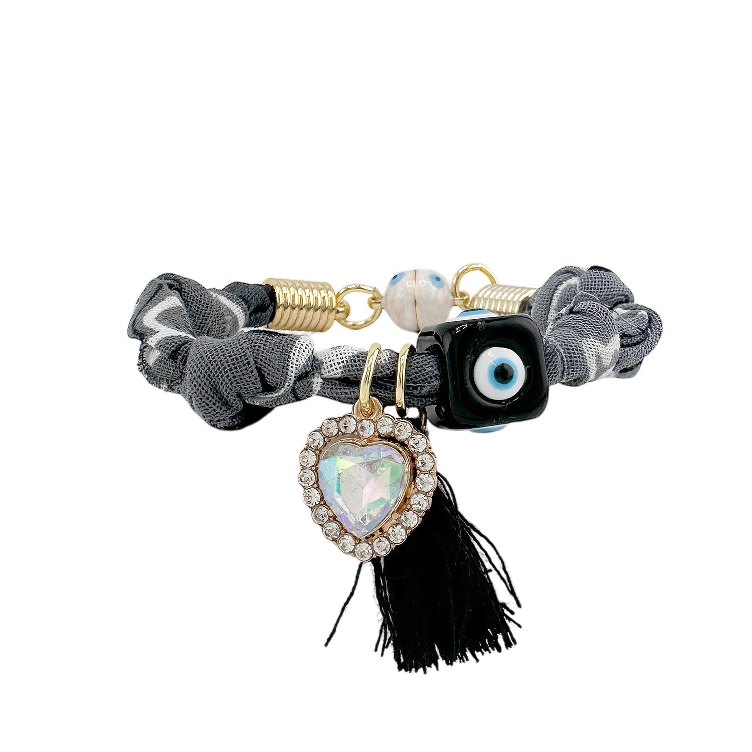 
Black and gray bandana bracelet with black evil eye bead iridescent heart charm and black tassel


