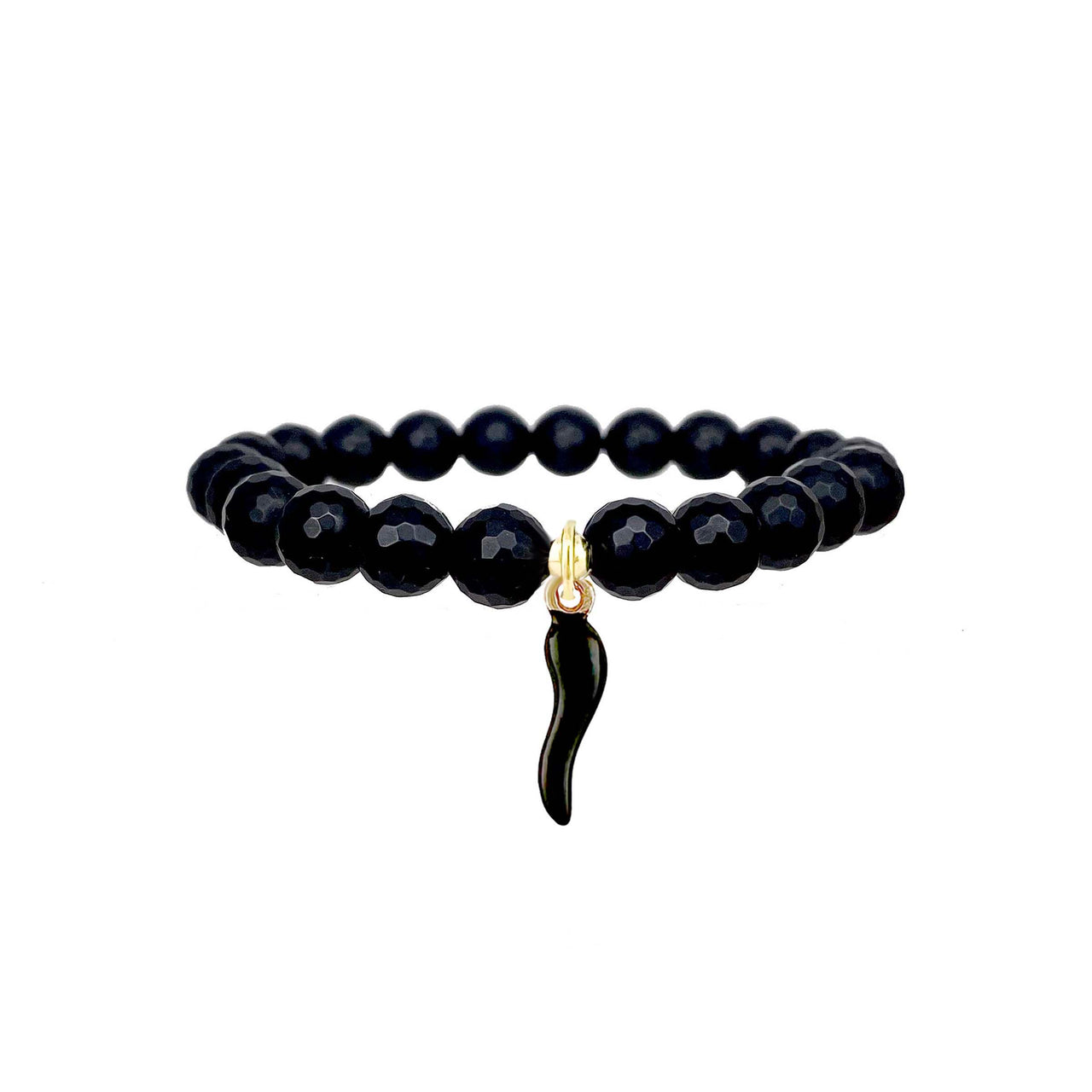 black onyx italian horn cornicello bracelet with black horn charm matte gemstone beads by love lisa jewelry