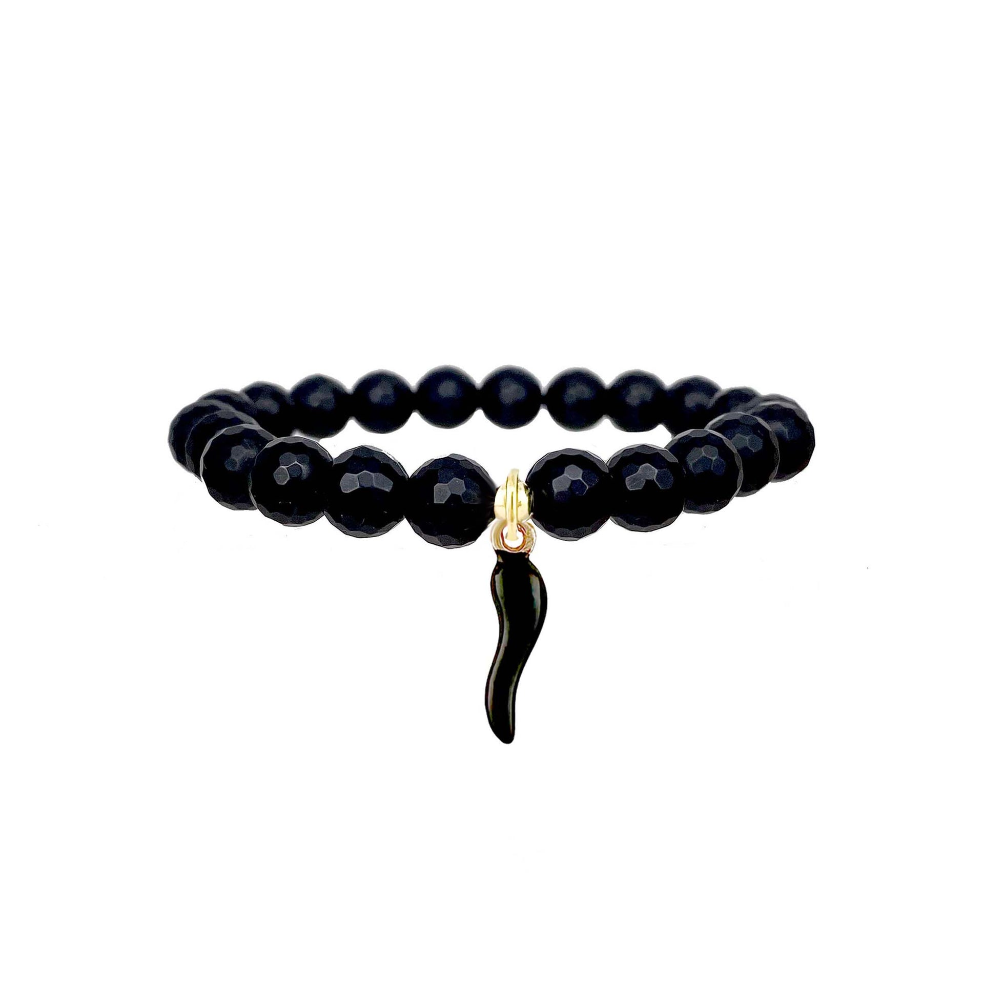black onyx italian horn cornicello bracelet with black horn charm matte gemstone beads by love lisa jewelry