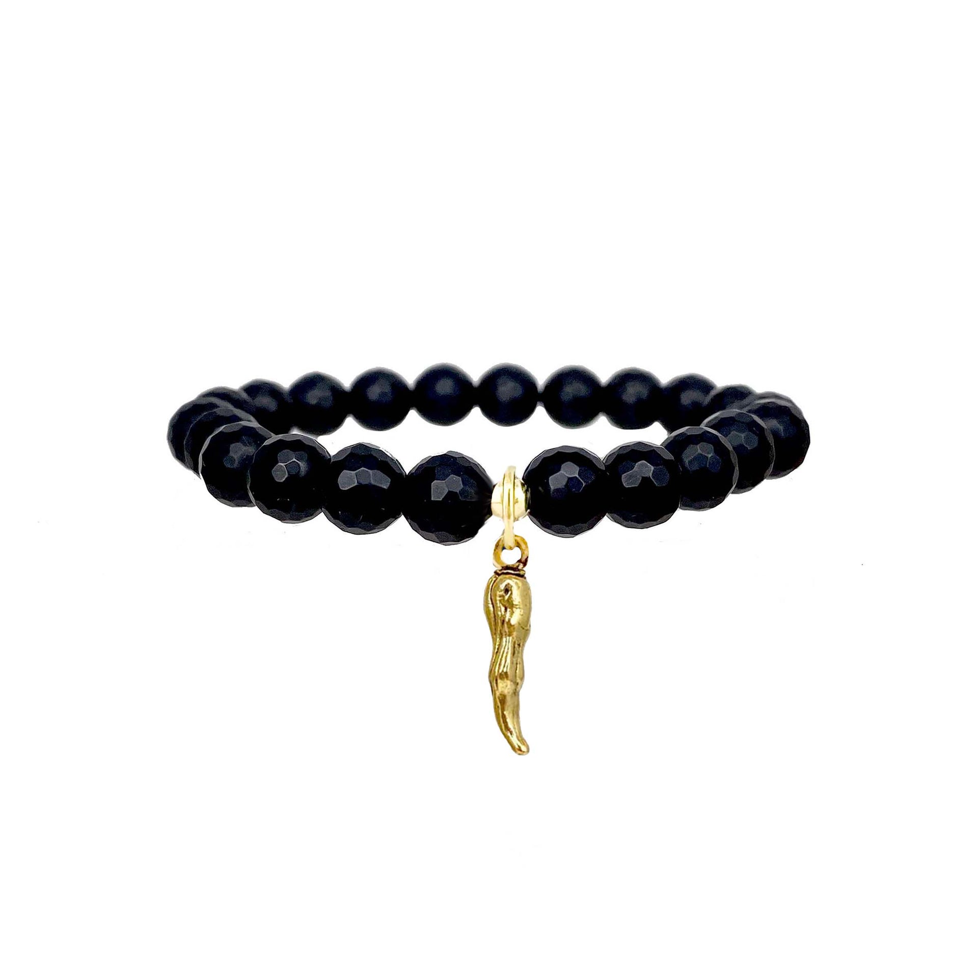 black onyx italian horn cornicello beaded gemstone bracelet with gold horn charm by love lisa jewelry