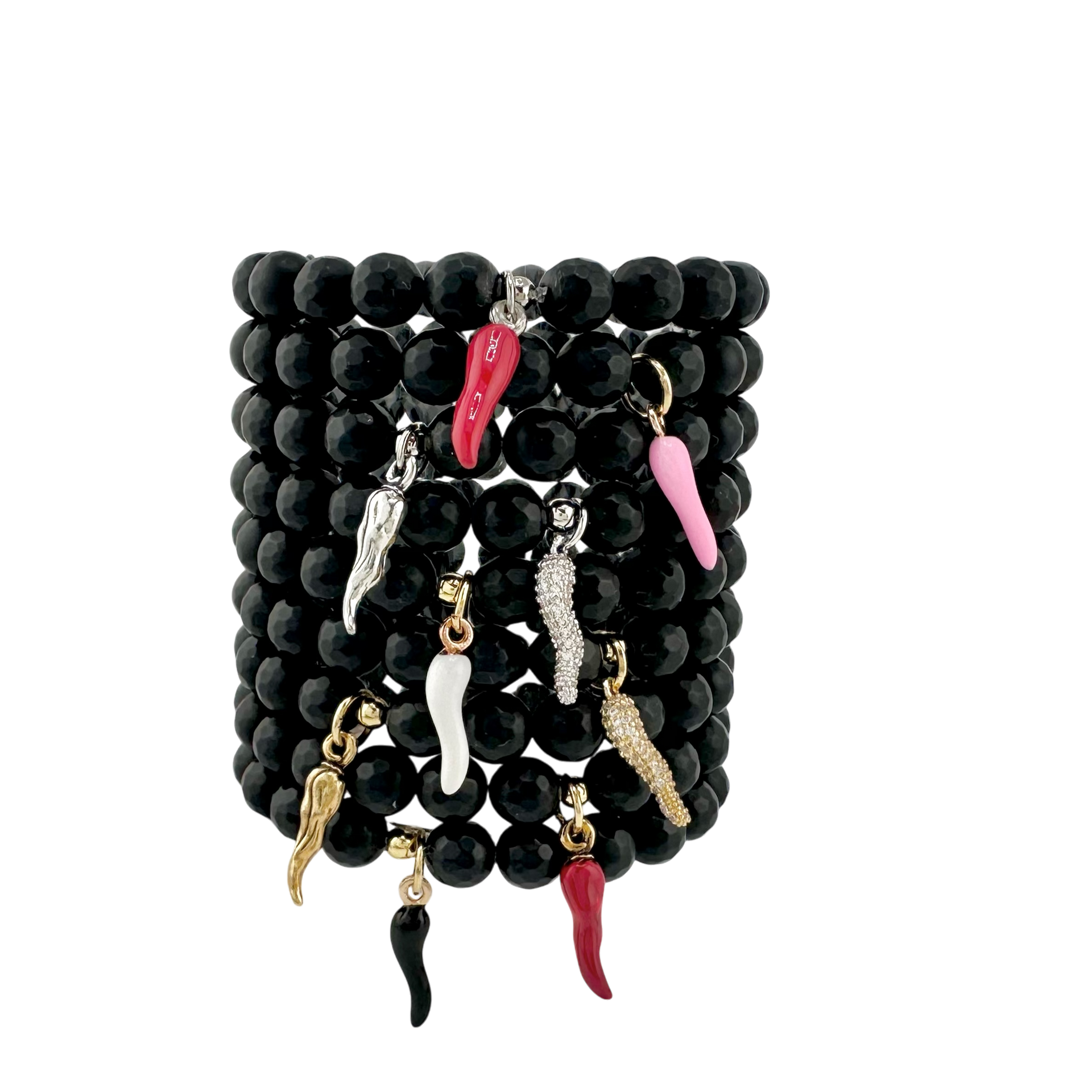 black onyx italian horn cornicello bracelet stack with red white gold and silver horn charms by love lisa