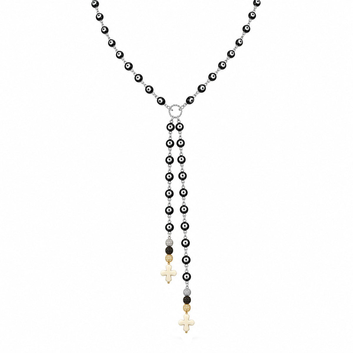 Vittoria Evil Eye & Howlite Quatrefoil Y Necklace in Black/Silver with evil eye beads, sparkling accents, and cream howlite quatrefoil drops